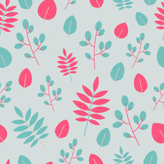 Pink and blue leaves pattern on grey background, design for print in flat style