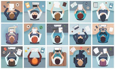 People top view. Business characters sitting at the table standing notes documents office supplies vector cartoon. Work office people, illustration sitting at table