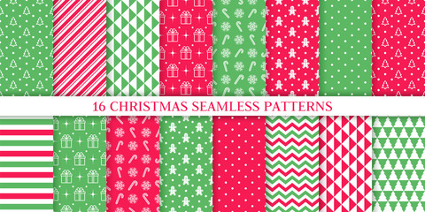 Christmas pattern. Xmas New year texture. Vector. Holiday seamless background with tree, candy cane stripe, triangle, gift, snowflake, polka dot, zig zag. Print for wrapping paper textile Illustration