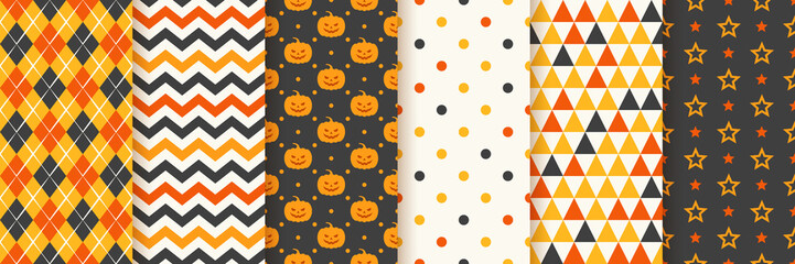 Halloween seamless pattern. Haloween background. Vector. Geometric texture with pumpkin face, zig zag, rhombus, polka dots, star and triangle. Holiday wrapping paper. Orange yellow black illustration