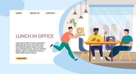 Informative Flyer Inscription Lunch in Office. Banner Men at Lunchtime at Work Eat Sandwiches and Drink Sparkling Water. Staff Room in Modern Office. Vector Illustration Landing Page.