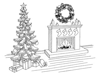 Living room graphic Christmas tree black white interior sketch illustration vector