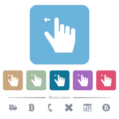 Right handed move left gesture flat icons on color rounded square backgrounds