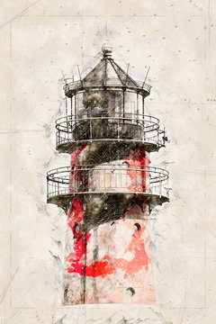 Digital artistic Sketch of a Lighthouse in Buesum in Germany