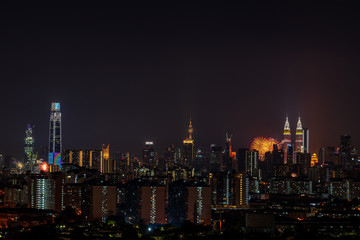 KUALA LUMPUR, MALAYSIA - 31st AUGUST 2019; The Kuala Lumpur skyline glittered with a kaleidoscope of colours and spectacular lights and sound to mark the nation’s 62 years of independence of Malaysia.