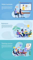 Fototapeta premium Set Informational Flyer is Written Brainstorm Flat. Banner Inscription Video Tutorials, Training Courses. Holding Meeting and Competent Assignment Tasks. People Discuss Working Issues at Meeting.