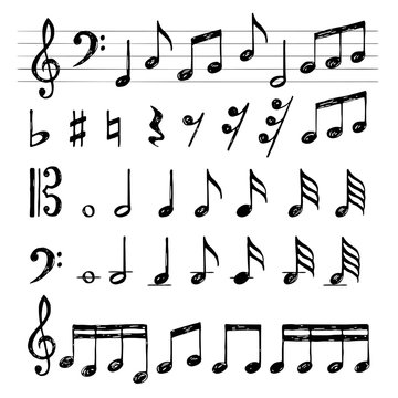 Music notes collection. Treble clef sound black symbols piano keys stave f sharp vector pictures. Illustration note music, treble quarter melody illustration