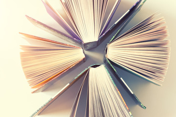 Fototapeta premium Heap pile of rare books. Open book, hardback books. Education background. Back to school. Bestseller, business
