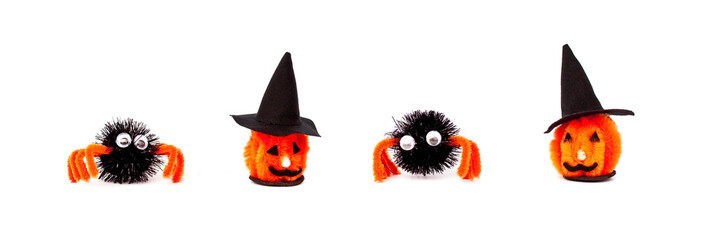 Halloween craft home decorations and ornaments, witch heads on white panoramic background