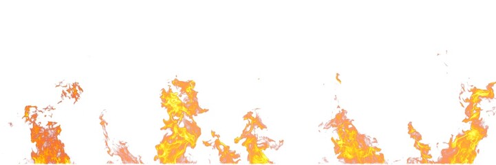 Real fire flames isolated on white background. Mockup on white of 5 flames.