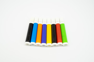 School supplies, marker pen stationery on white background - space for caption