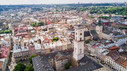 Obraz premium Aerial view of the historical center of Lviv, Ukraine. UNESCO's cultural heritage.