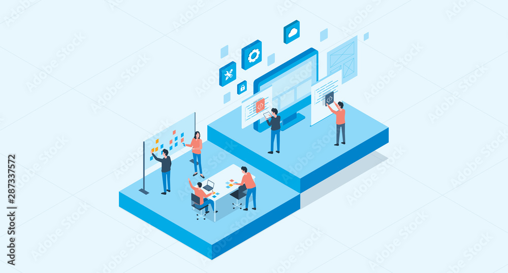 Poster isometric flat vector web develop and web design team ,and people business team working concept
