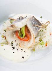 Baked white fish fillet served with steamed rice