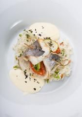 Baked white fish fillet served with steamed rice