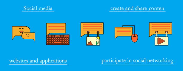 Social media icons in speech bubbles with group of people