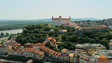 Slovakia, Bratislava Aerial Cityscape: Castle, St Martin's Church, Old Town, Traffic Road Junction and Danube river