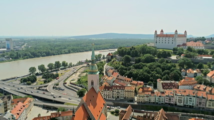 Slovakia, Bratislava Aerial Cityscape: Castle, St Martin's Church, Old Town, Traffic Road Junction and Danube river