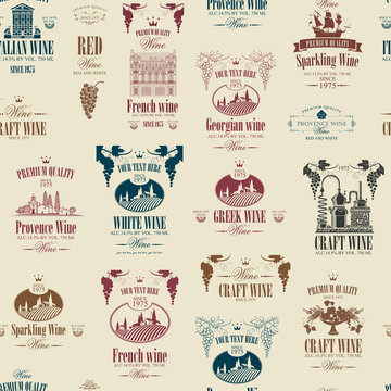 Vector seamless pattern on the theme of wine with various wine labels with images of grapes, landscapes, winery, castles, sailboats, fruits and other in retro style on the beige background