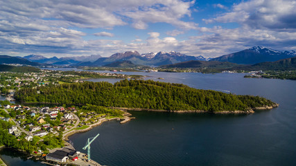Norway landscape from above. Aerial panorama of Alesund city