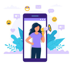 Woman with megaphone inside smartphone - refer a friend, promotion, advertising announcement concept illustration. Vector illustration in flat style.