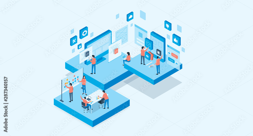 Poster isometric mobile application and web design development process concept and group business team working