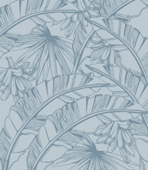 Palm leaves and bananas pattern tropic vector line art. Summer poster exotic decorations