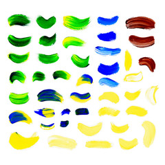 Big gouache set of green yellow brown  brush strokes. Various texture brushes large and small in different styles and sizes. Hand-drawn illustration isolated on white.