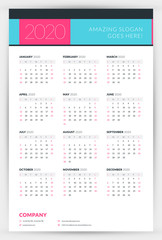 Calendar for 2020 year. Week starts on Sunday. Printable vector stationery design template