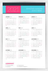 Calendar for 2021 year. Week starts on Sunday. Printable vector stationery design template