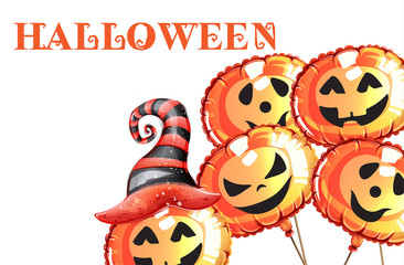 Halloween pumpkin happy faces vector watercolor. Smilling pumpkin witch hat decors