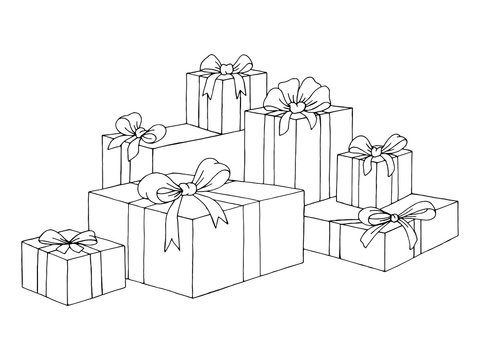 Bunch of present box gifts with bows graphic art black white isolated sketch illustration vector