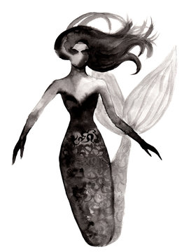 Black watercolor mermaid drawn by hand on white paper. Can be used for fashion illustration, banner, flyer, collage, web background, zine.