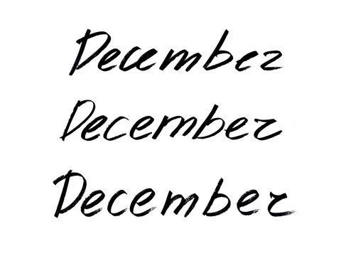 The hand-written inscription "December" is black isolated on white in two variants with a black marker. Grunge illustration.