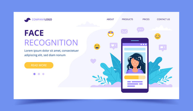 Face recognition technology landing page. Big smartphone with woman photo on it. Vector illustration in flat style