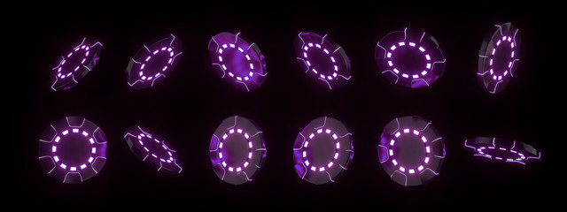 Modern Casino Chips With Futuristic Purple Neon Lights, Rotation, Isolated On The Black Background - 3D Illustration