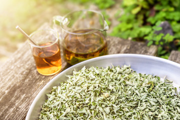 verbena tea on old wooden planks