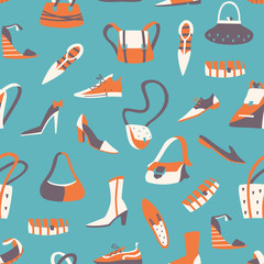 Seamless Pattern with Different Doodle Shoes and Bags. Hand Drawn Vector Illustration.