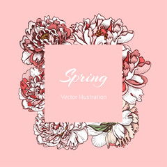 Hand drawn sketch wedding illustration peony flowers. Vector templete Save the date.