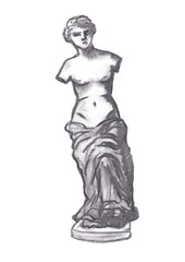 Fototapeta na wymiar Sketch of a woman without arms in the style of Greek sculpture. Hand-drawn illustration of black coal on white paper. Can be used for collages, zine, fashion illustration, web backgrounds, banners