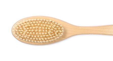 Bath, scrubbing, washing brush with wooden handle isolated on white background, top view