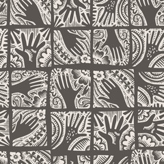 Fototapeta premium Seamless pattern with squares icon element with hands and flowers. Stylized print of a hand print. Can be used for printing on paper, stickers, badges, jewelry, cards, textiles.