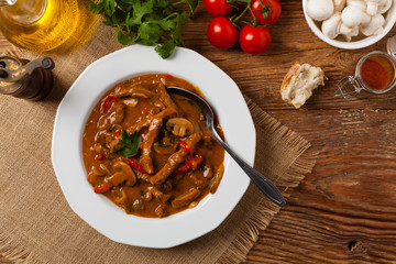 Boeuf, Stroganow, Strogonow. Classic, Russian beef stew. Served on a white plate. Top view. Natural...