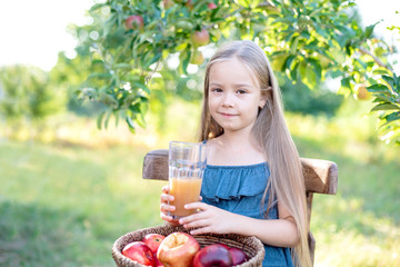 Child picking apples on farm in autumn. Little girl playing in apple tree orchard. Healthy nutrition.