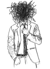The figure of a man in a jacket straightens his tie instead of a head with a cloud of coarse, chaotic hatching. Hand-drawn pencil illustration.The concept of impersonality, thoughts, migraines, brains