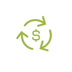 three green round arrows with green dollar. Flat icon. Isolated on white. Currency exchange icon.