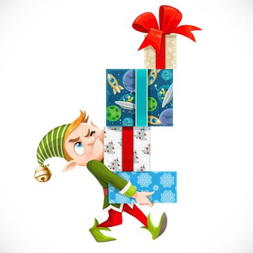 Cute cartoon elf Santa's assistant holding large stack of wrapped gifts isolated on a white background