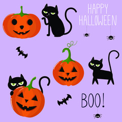 Vector graphics. Halloween funny characters. Cute halloween  template. Illustration with black cats, pumpkins, bats. Hand written text. Cute icon logo. 