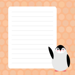 Card design with Kawaii penguin with pink pastel colors polka dot lined page notebook, template, blank, planner background. Vector