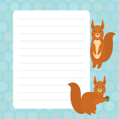 Card design with Kawaii squirrel with blue pastel colors polka dot lined page notebook, template, blank, planner background. Vector